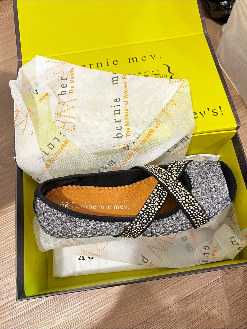 bernie mev. Gray Woven Ballet Flat with Crystal-Studded Black Straps
